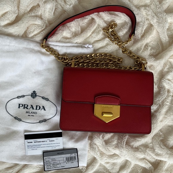 PRADA 1BD089 Pattina Red Saffiano Leather Gold Chain Shoulder